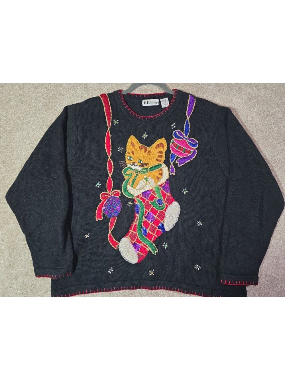 B.P. Design Christmas Sweater Kitten Embroidered Beaded Sequin Ramie Cotton XL